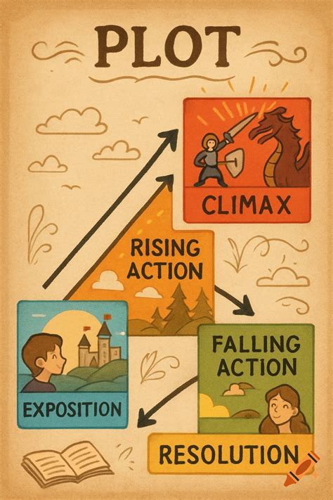 An illustrated plot anchor chart showing a story arc with stages like exposition, rising action ...