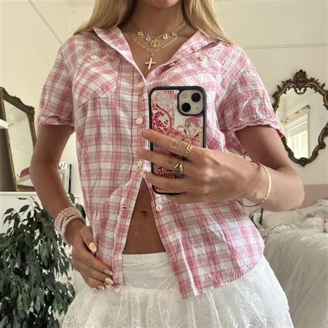 vintage Y2k light pink plaid short sleeve blouse... - Depop in 2025 ...