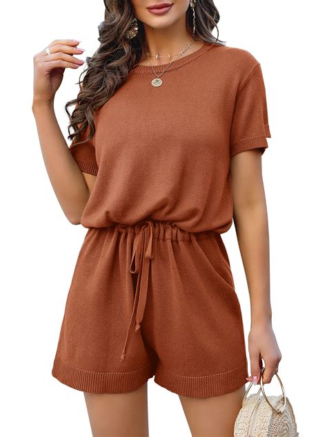 Womens Summer One Piece Outfits Tie Waisted Beach Shorts Short Sleeve ...