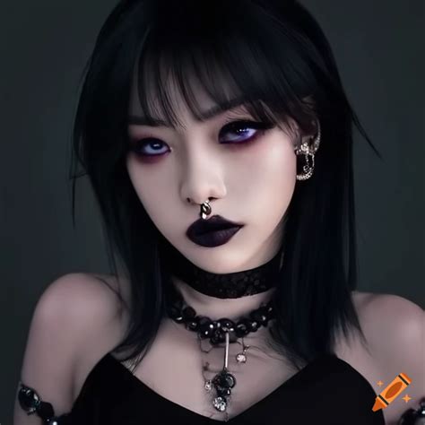 Asian goth girl with septum piercing and choker, dark purple eyes, and black hair on Craiyon