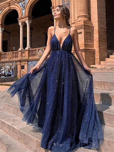 A Line V Neck Backless Blue Prom Dresses, V Neck Blue Backless Formal ...