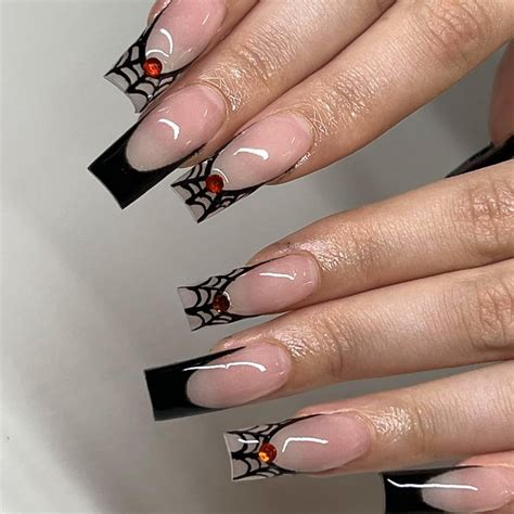OCOUYVD Halloween Press on Nails Long French Tip Fake Nails with Black ...