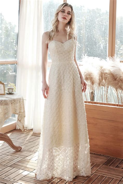 Simple Ivory Lace Spaghetti Straps Column Wedding Dress - VQ