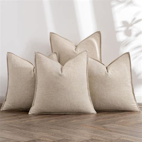 MIULEE Beige Linen Pillow Covers Pack of 4 Decorative Natural Solid ...