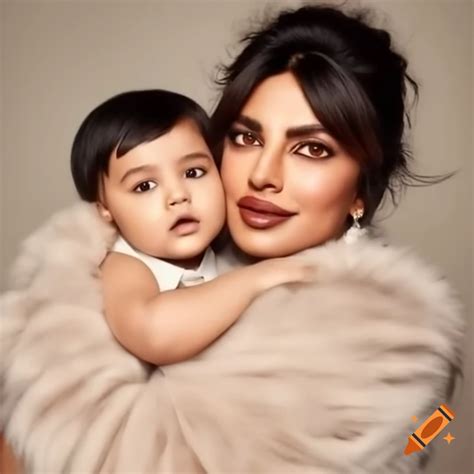 Priyanka Chopra in fluffy fur coat embracing a child on Craiyon