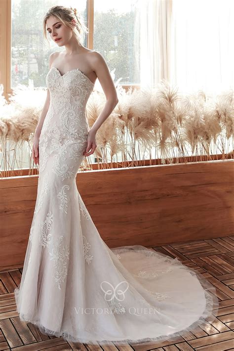Nude Satin with Lace Overlay Sweetheart Mermaid Wedding Gown - VQ