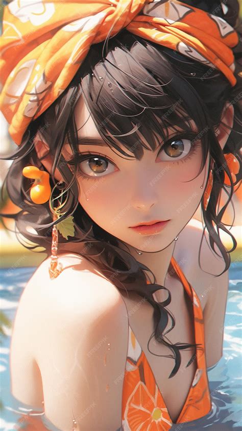 Premium Photo | Anime girl in a bikini in a pool with orange flowers ...