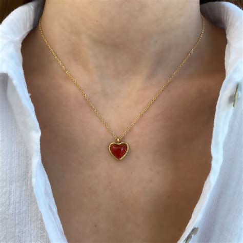 Love Necklace Red Heart Necklace Gold 18k Genuine Red Agate Stone ...