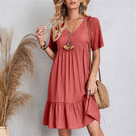 Bxsruta Women's Summer Dresses Casual T Shirt Dresses V Neck Ruffle ...