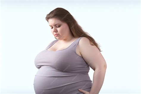 Very fat young woman with big belly and thighs posing on white background body positive girl ...