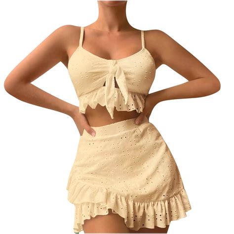 Lopeceal Eyelet Three Piece Bathing Suit for Women Knot Front Cami ...