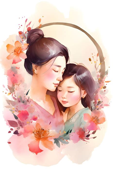 Premium Photo | Japanese mother with daughter and flowers around ...