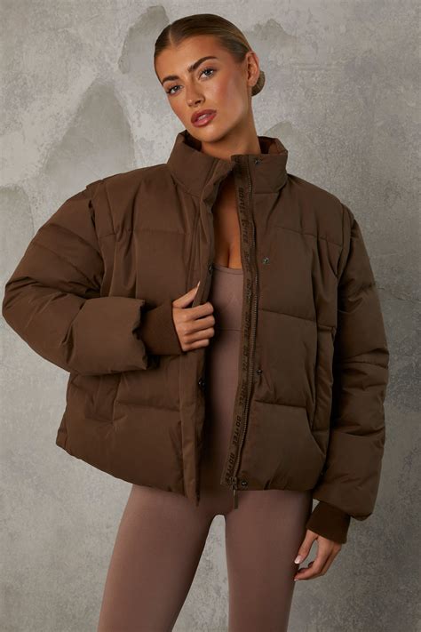 Essential Cropped Puffer Jacket with Detachable Sleeves in Cocoa Brown ...