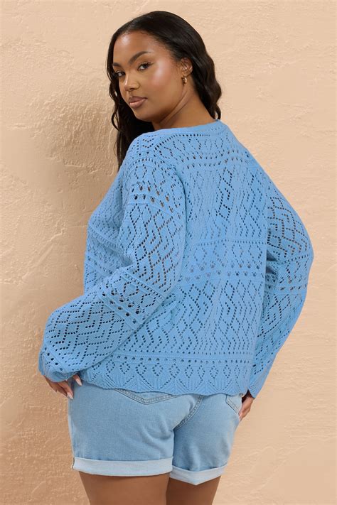 YOURS Plus Size Light Blue Crochet Button Cardigan | Yours Clothing