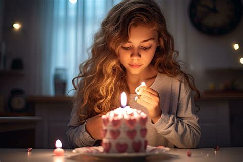 beautiful girl blowing out candle on birthday cake in kitchen at home ...
