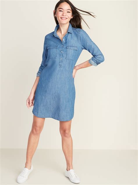 Chambray Utility Shirt Dress For Women | Women long sleeve dress ...