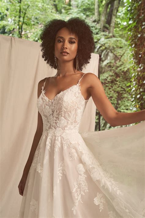 66275: Tulle A-Line Dress with Chiffon Appliqués and Bikini Neckline | Lillian West