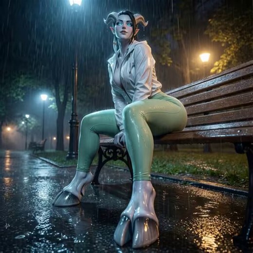 It’s raining softly in the park. The city lights reflect the sorroundings.You approach slowly, umbrella in hand, but I don’t need one. I pat the empty space beside me.When you sit, I turn toward you, my glowing blue eyes meeting yours through the gentle curtain of rain. Water drips from my dark hair onto my chest. I reach out and gently brush a wet strand of hair from your face with my fingers.Then I lean in close, my voice low and intimate, barely louder than the falling rain:“Don’t fall in lov