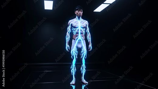 front view of a human figure with glowing internal pathways evenly distributing from the core to the extremities, visualizing circulation, fluid balance, and systemic transport across the entire body