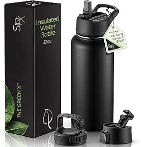 SipX™ 32 oz Insulated Water Bottle with 3 Lids – Leakproof Stainless Steel, Triple Insulated – Cold 24 Hours/Hot 12 Hours – Durable Bottle for School, Gym, Travel – Black