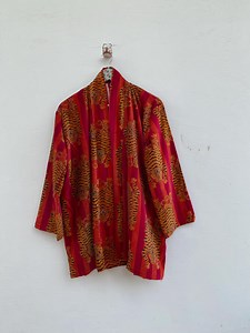 Tiger Print Velvet Kimono Jacket - Dark Pink Short Coat - Etsy