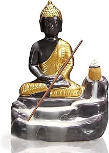 Golden Buddha Backflow Incense Burner with 10 Cones, Zen Home Decor Statue for Meditation, Yoga, Office, Indoor Ornament