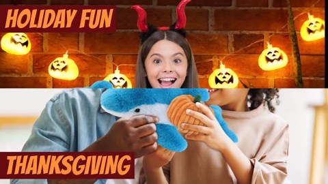 DolliBu Super Soft Blue Dolphin Stuffed Animal with Pumpkin Plush Decor - Dolphin Pumpkin Plush Animal for Fall, Halloween and Thanksgiving, Pumpkin Plush Toy for Baby, Kids, Adults - 18 Inches