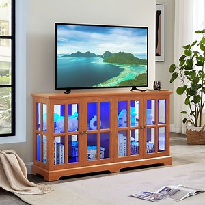 CQSXDA Antique Glass Door Curio Display Cabinet with LED Lights, Adjustable Shelves for Collectibles, Elegant Four-Door Oak