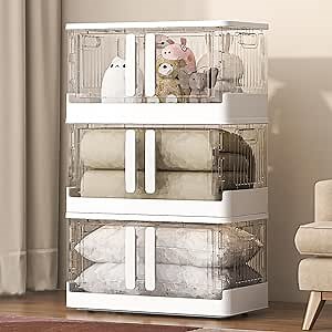 Storage Bins with Lids, 11 Gal Collapsible Storage Bins With Lids - Plastic Storage Bins with Lids, Large Closet Organizers and Storage, Double Door Stackable Storage Bins for Clothes (3 Pack)