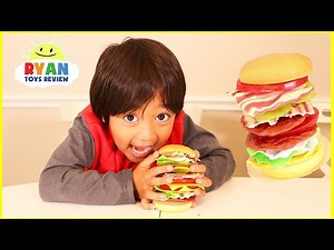 Stackin Burger board game and Egg Surprise Toys for winner! - Videos For Kids
