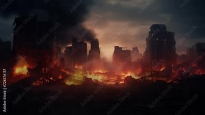 illustration of the condition of a dead destroyed city. Digital Illustration Industrial Ruins Post Apocalyptic Abandoned. seamless looping overlay 4k virtual video animation background