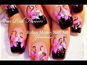 Hot Pink Flowers Nails + Black Tips | DIY Neon Nail Art Design Tutorial