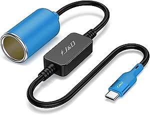 J&D USB C Male to 12V Car Cigarette Lighter Socket Female Converter Cable, 12V 18W Power Cable for Dash Cam, GPS, Car LED Light Strips, Blue, 3 ft