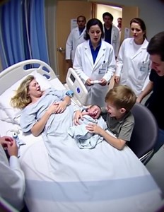 Placed gently in his brother’s arms, the “stillborn” baby suddenly let out a piercing cry that shook the room… The delivery room had fallen silent. For thirty agonizing minutes, Emily and Michael Turner believed they had lost their newborn son. Wrapped in a small blue blanket, he was placed in the arms of his seven-year-old brother Jacob, who whispered through tears, “Hi, Ben. I’m your big brother.” And then—against all odds—the silence shattered. A sharp, unmistakable cry filled the air. Nurses