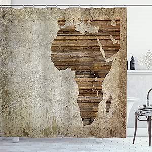 Ambesonne African Shower Curtain, Geography Theme Grunge Vintage Wooden Plank and Map Digital Print, Cloth Fabric Bathroom Decor Set with Hooks, 69" W x 75" L, Tan Umber and Brown
