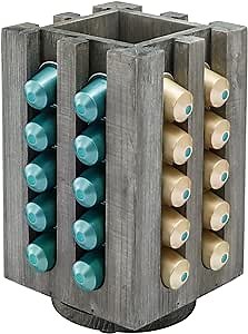 MyGift Carousel Coffee Pod Dispenser Holder Caddy, Vintage Gray Wood Espresso Capsule Rotating Stand Rack, Compatible with Nespresso Original Pods or Similar - Holds 40 Capsules and 4 Refill Sleeves,