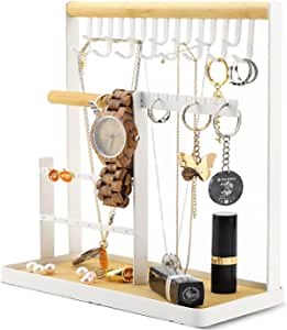 Jewelry Stand Necklace Holder, 4-tier Jewelry Organizer Necklace Display Stand Small Jewelry Tower Rack With Earrings Tray Holes, 15 Hooks Necklaces Storage Tree For Bracelets Earrings Ring, White
