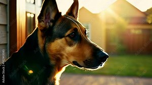Beautiful german shepherd dog with striking brown and black fur looks right, showcasing a house in the background. The scene captures the essence of a loyal and intelligent companion