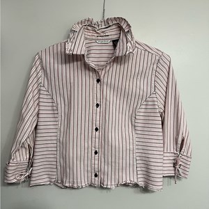 Striped Ruffle Collar Button-Down Top