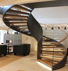 [Hot Item] Modern House Indoor Carbon Steel Glass Railing Curved Stairs