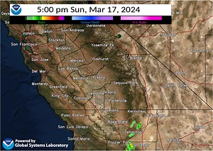 A computer model forecast shows a few showers developing over the Kern County mountain and desert areas this afternoon, and continuing through this evening. | US National Weather Service Hanford California
