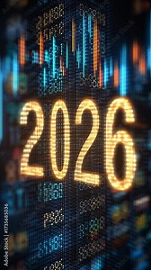 numbers 2026 next to growing financial bar charts and stock graphs, futuristic corporate atmosphere