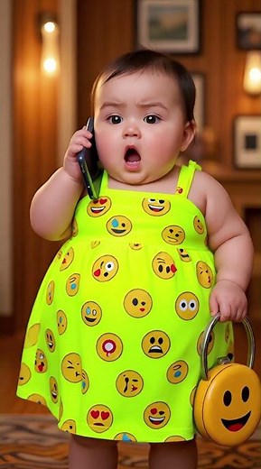 Wearing a neon-yellow dress filled with various emoji icons