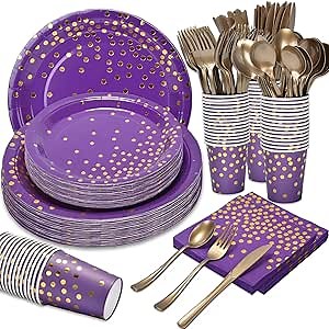 Purple Party Supplies, Disposable Dinnerware Set Serves 35, Purple Paper Plates Napkins Cups, Gold Plastic Forks Knives Spoon for Baby Shower Bridal Wedding Easter Colorful Birthday Party