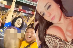 Viral moment excited soccer fan flashes boobs in packed stadium when team scores