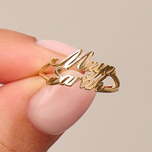 14k Solid Gold Double Name Ring, Custom Script Ring for Her, Personalized Gift for Mom, Wife or Mother, Two Name Stacking Jewelry - Etsy