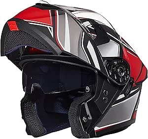 ILM Adult Motorcycle Helmet Dual Visor Flip up Modular Full Face Helmet DOT Model WS206(Redblack,Small)
