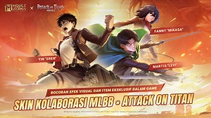 Skin Kolaborasi MLBB × Attack On Titan akan hadir pada 31/01! Yin ""Eren"", Fanny ""Mikasa"" dan Martis ""Levi"" - tiga anggota Squad Pasukan Pengintai, siap beraksi! Siap mengulang kembali adegan klasik dari anime melalui Animasi Tampilan mereka. Selain itu, elemen alur cerita juga dimasukkan ke desain efek dalam Game. Bahkan ada Voice Line asli dari anime yang akan langsung membangkitkan kenanganmu. Kolaborasi ini juga meliputi banyak Item, dengan tambahan spesial Gelembung Chat eksklusif. #Mo