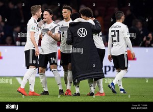 The German players cheer for victory, left to rightn.r. Marco REUS (GER), Nico SCHULZ (GER), Thilo KEHRER (GER), Serge GNABRY (GER), Leroy SANE (GER), Ilkay GUENDOGAN (Gvºndogan, GER), jubilation, cheering, cheering, joy, cheers, celebrate, final jubilation, full figure, landscape, Soccer Laenderspiel, European Championship Qualification, Group C, Netherlands (NED) - Germany (GER) 2: 3, on 24.03.2019 at the Johan Cruyff Arena in Amsterdam/Netherlands. ## DFB/UEFA regulations prohibit any use of 