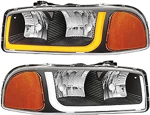 oEdRo Switchback LED DRL Headlight Compatible with 1999 2000 2001 2002 2003 2004 2005 2006 2007 GMC Sierra / 99-06 Yukon Headlamps w/Sequential Turn Signal Clear Lens Black Housing Amber Reflector